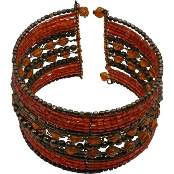 Wide Orange & Bronze Beaded Bracelet Cuff - Picture 5 of 5